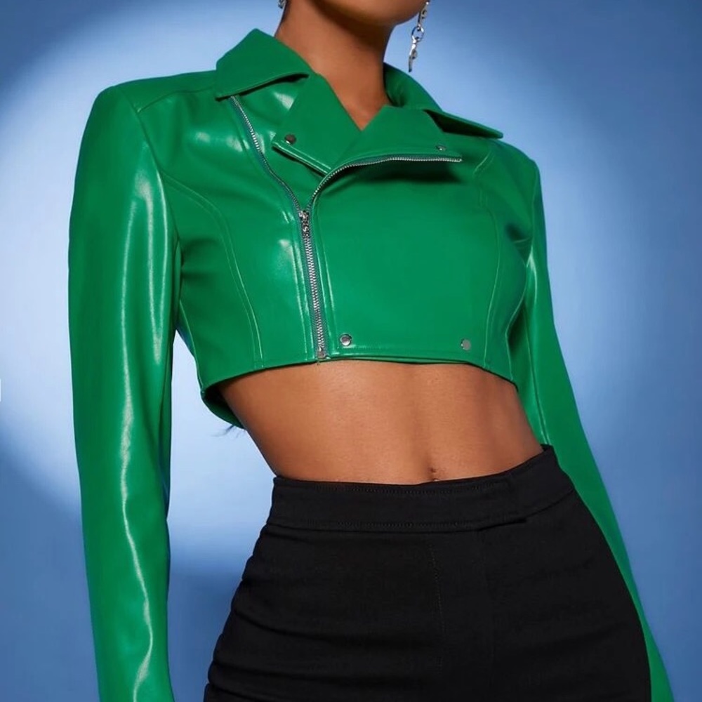 Shein Green Crop Zip Up Moto Jacket